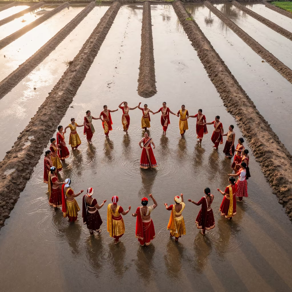 Bihu Dancers in Egyptian Irrigated Fields in along freshly irrigated rows in Egypt