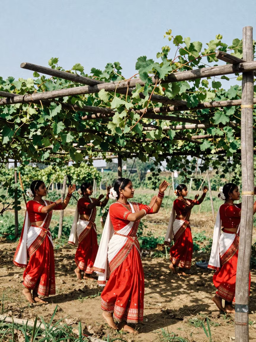 Bihu Dancers Among Nanchang Vine Trellises in between vineyard trellises in Nanchang
