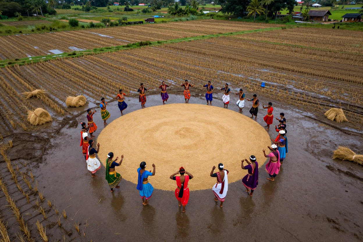 Bihu Harvest Dance in Fiji Monsoon Field in across a harvested grain field in Fiji