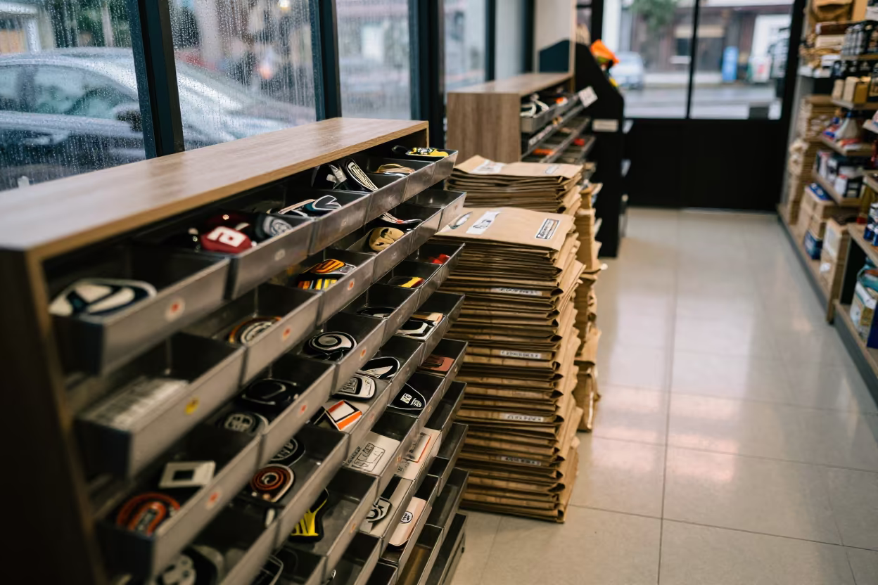 Bike Tube Patch Sample Drawer at Dawn in at a cash wrap counter with bags stacked nearby near Guadalajara