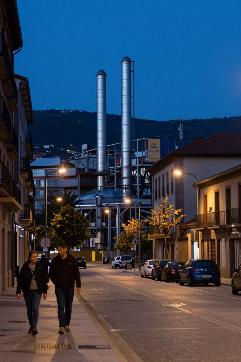 Bilbao Blue Hour Street Scene with Steam Pipes and Local Life in in Bilbao, Spain