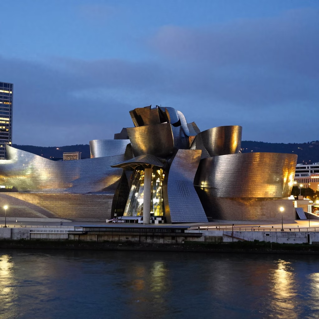 Bilbao City Lights Glow Over Guggenheim Museum and Nervion River Reflections in in Bilbao, Spain