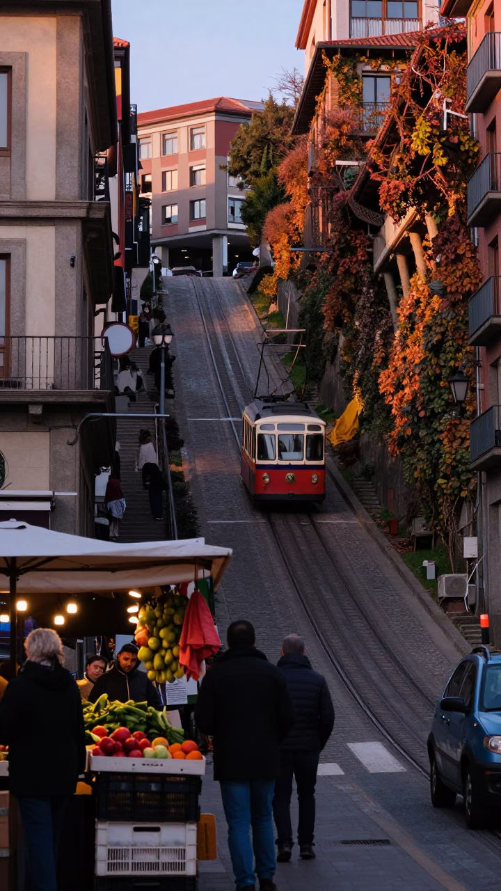 Bilbao Dawn Street Scene with Funicular Ascending Hillside and Autumn Vines in in Bilbao, Spain