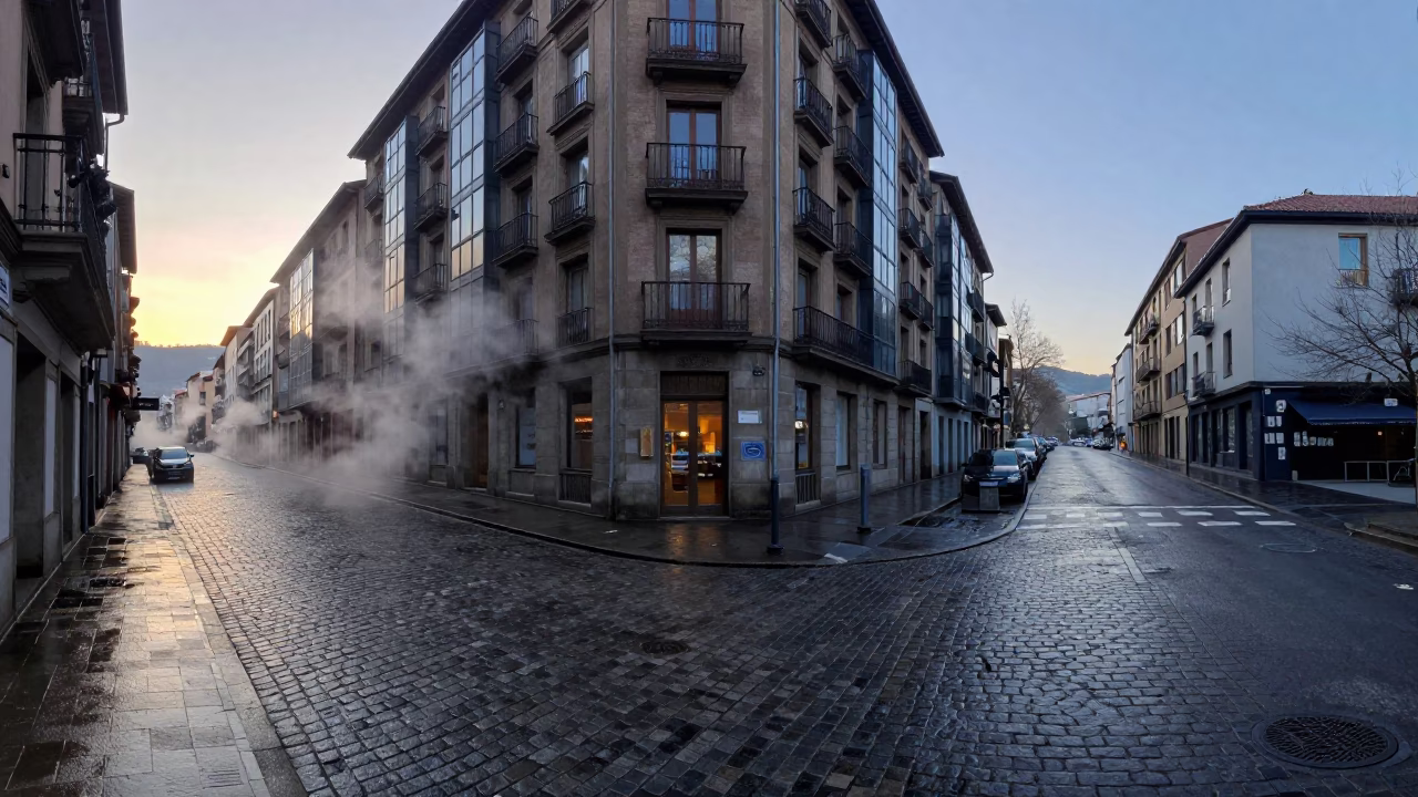 Bilbao Dawn Street Scene with Steam and Frost Before Sunrise in in Bilbao, Spain