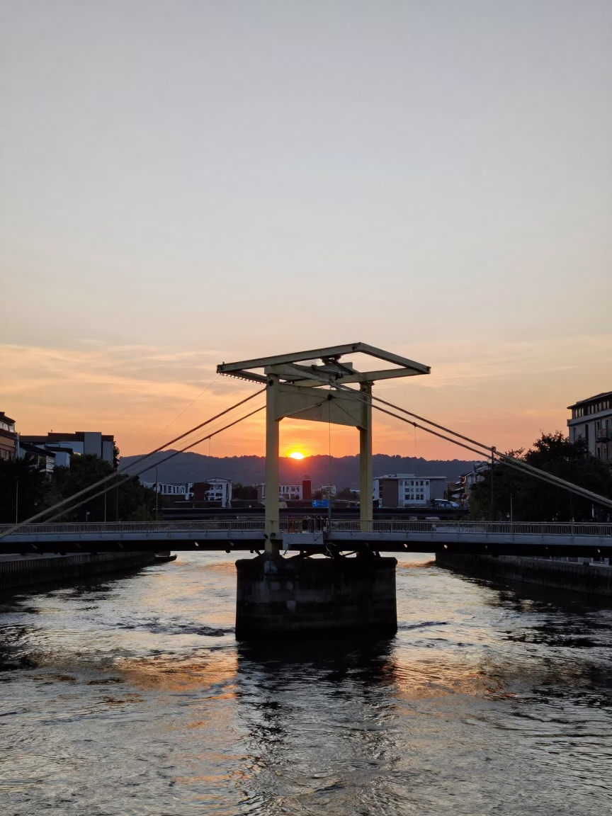 Bilbao Drawbridge Counterweight House at As The Sun Drops Toward The Horizon in in Bilbao, Spain