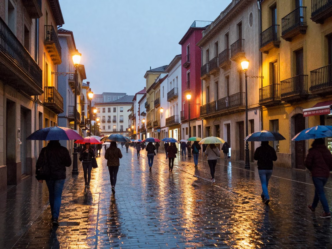 Bilbao Dusk Street Scene with Wet Cobblestones and Colorful Umbrellas in in Bilbao, Spain