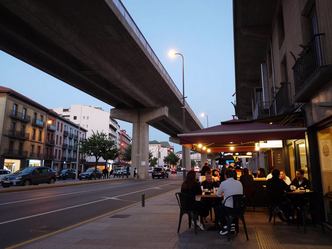 Bilbao Early Evening Street Scene with Overpass and Olive Dish in in Bilbao, Spain
