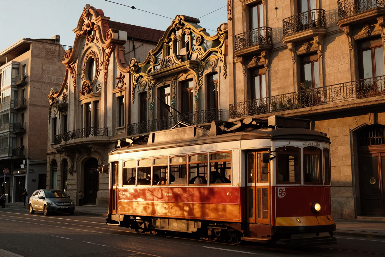 Bilbao Evening Light on Art Nouveau Facades with Passing Tram in in Bilbao, Spain