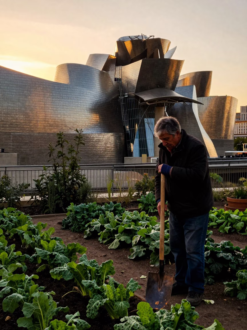 Bilbao Evening Light Viaduct Shadow Over Allotment Gardens With Gardener And Hoe in in Bilbao, Spain