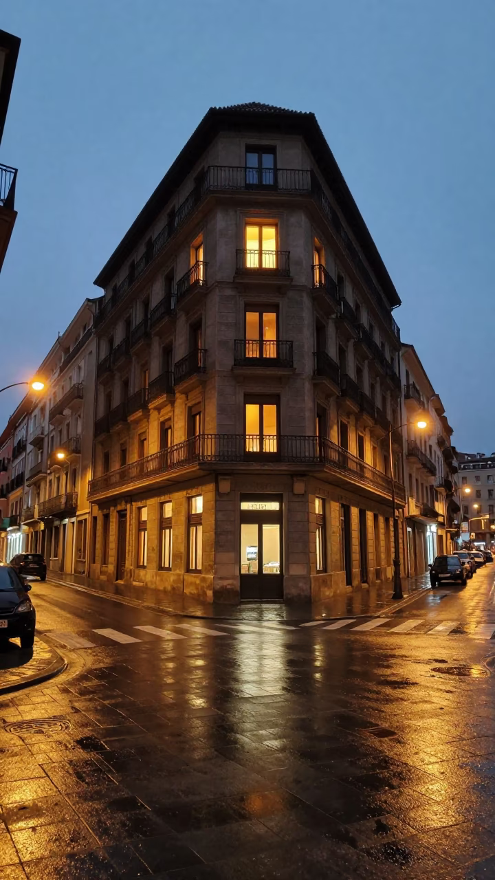 Bilbao Evening Street Scene with Amber Window Lights and Urban Details in in Bilbao, Spain