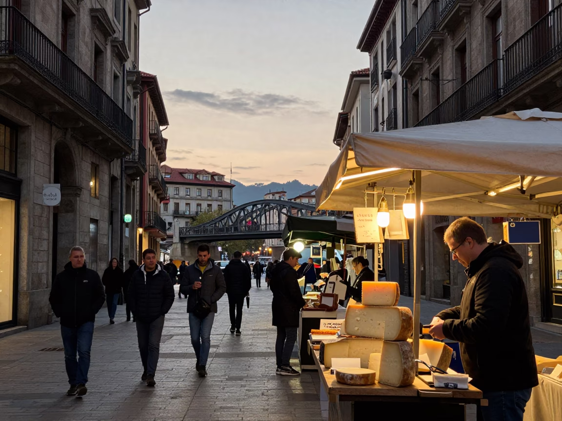 Bilbao Evening Street Scene with Bridge and Local Food Vendor in in Bilbao, Spain
