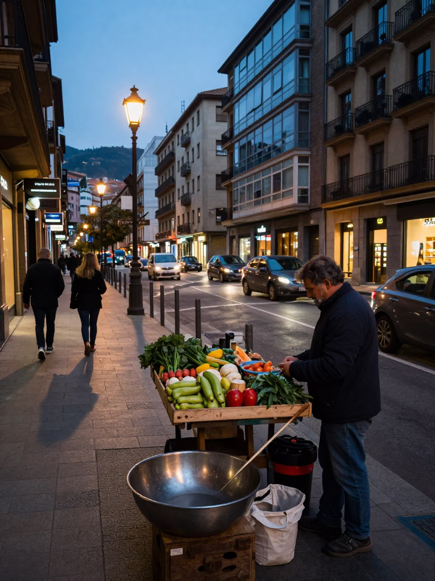 Bilbao Evening Street Scene with Brushed Steel Bowl and Urban Activity in in Bilbao, Spain