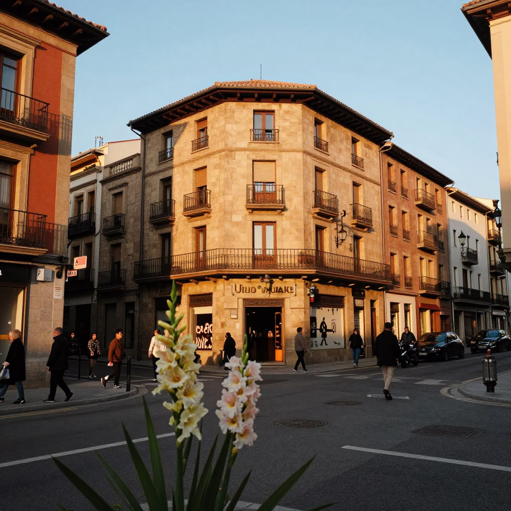 Bilbao Evening Street Scene with Gladiolus Spike in Honeyed Light in in Bilbao, Spain