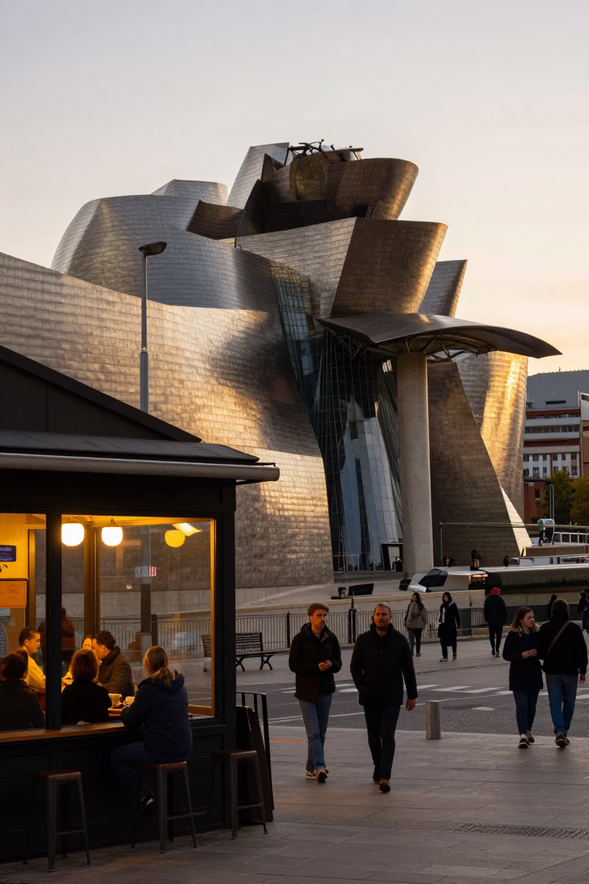 Bilbao Evening Street Scene with Guggenheim Museum and Local Diner in in Bilbao, Spain