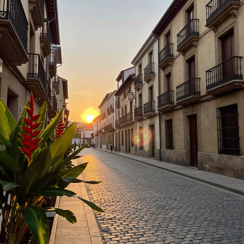 Bilbao Evening Street Scene with Heliconia Flowers and Traditional Basque Cafe Atmosphere in in Bilbao, Spain