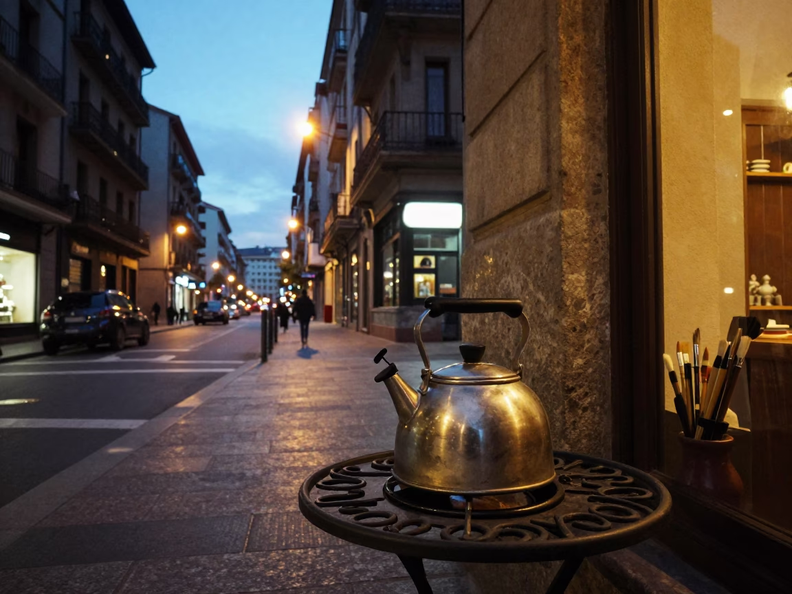 Bilbao Evening Street Scene with Kettle and Urban Details in in Bilbao, Spain