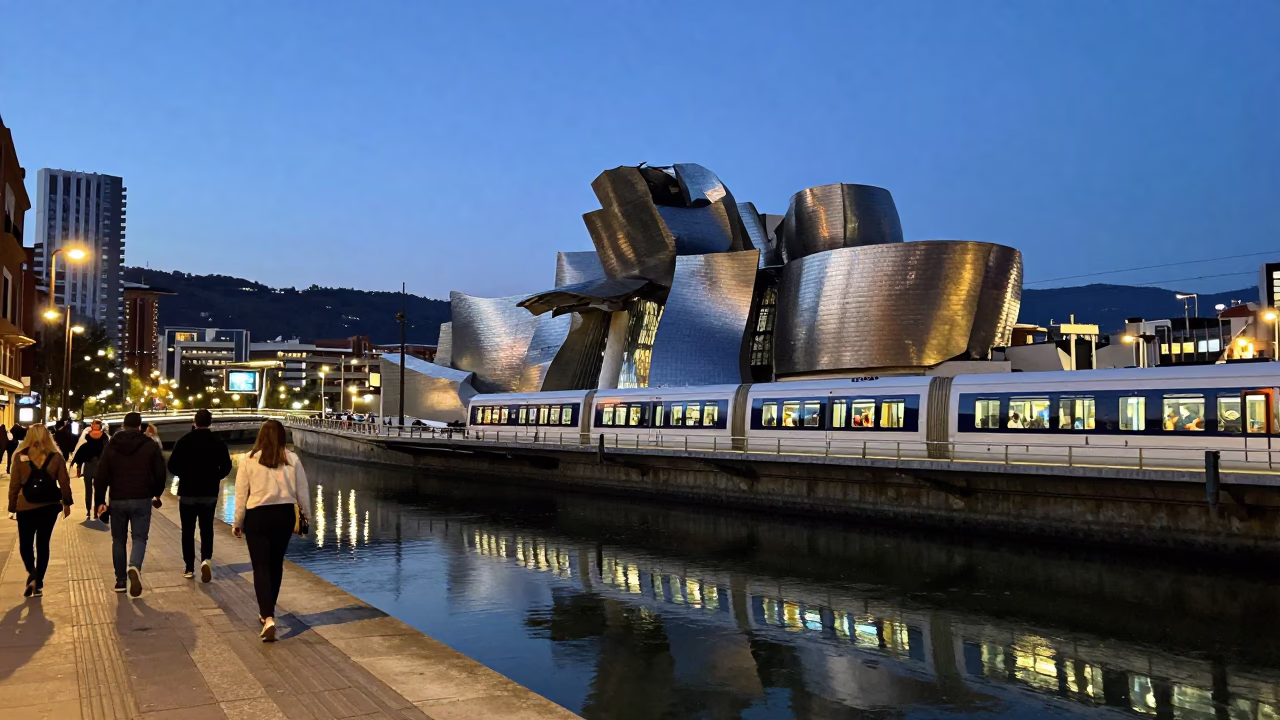 Bilbao Evening Street Scene with Monorail Reflection and Substation Details in in Bilbao, Spain