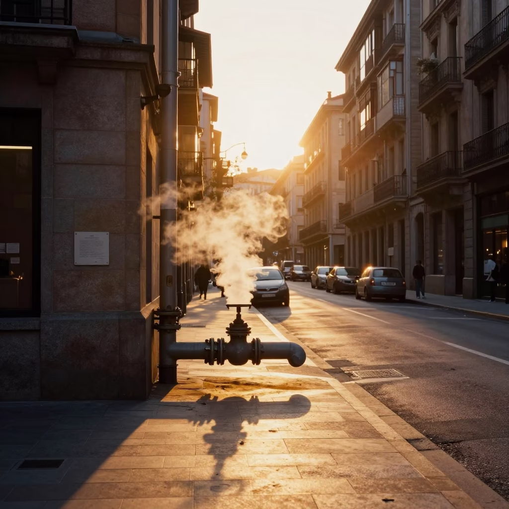 Bilbao Evening Street Scene with Steaming District Heating Pipes and Urban Frost in in Bilbao, Spain