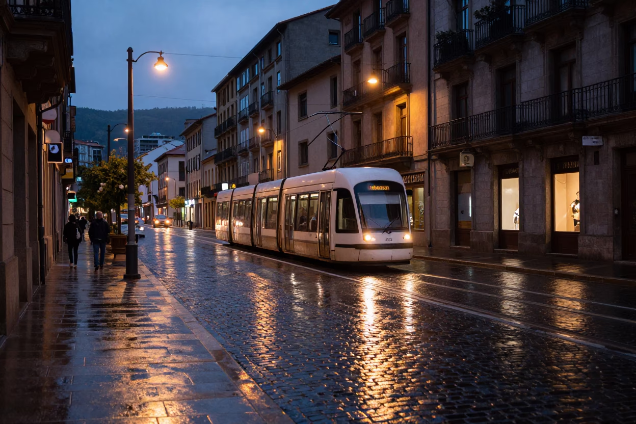 Bilbao Evening Street Scene with Tram Reflections and Cobblestone Rain in in Bilbao, Spain