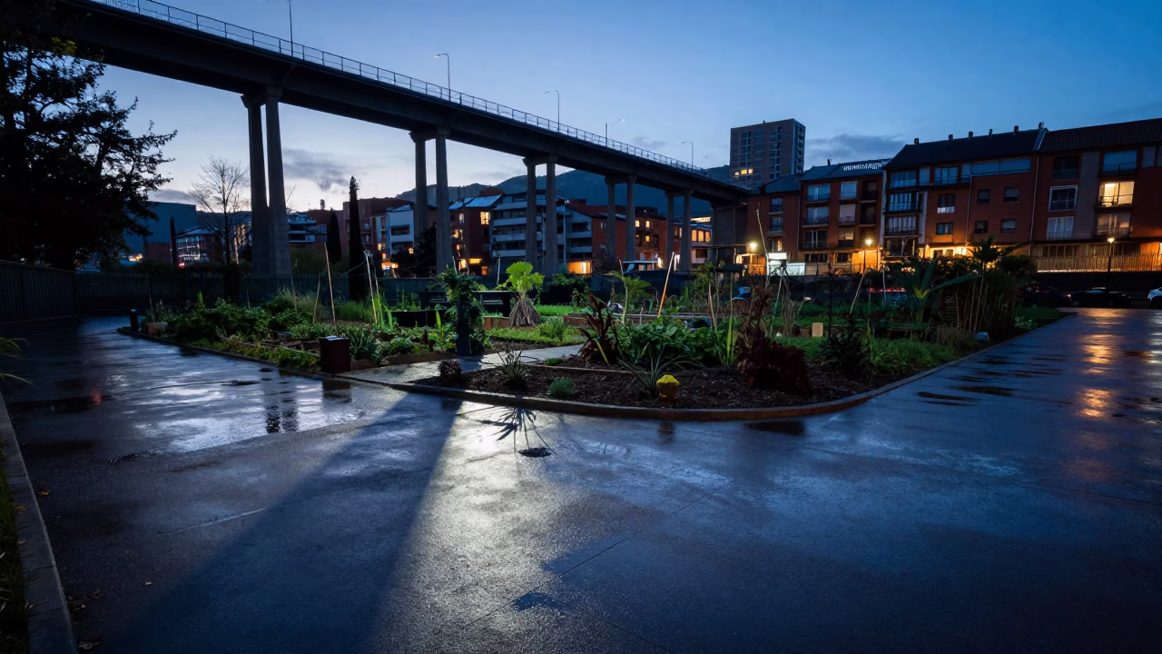 Bilbao Evening Viaduct Shadow Over Rain-Slicked Allotment Gardens and Local Life in in Bilbao, Spain