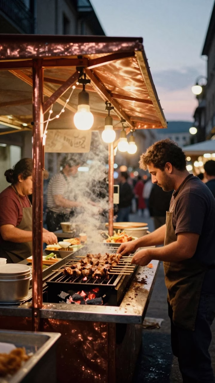 Bilbao Food Stall at Copper-toned Light Before Dusk in in Bilbao, Spain