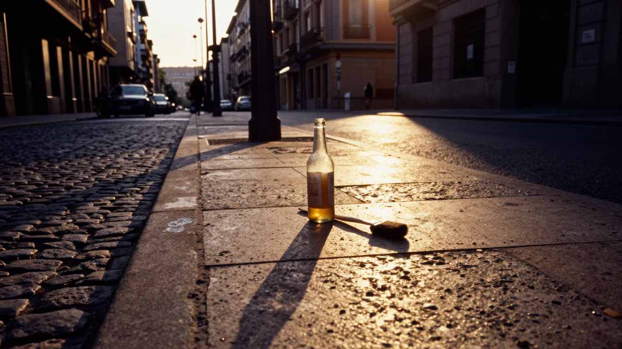 Bilbao Golden Hour Street Scene with Bottle and Brush in in Bilbao, Spain