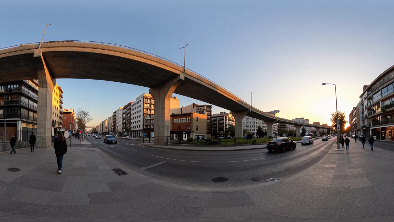 Bilbao Golden Hour Street Scene with Curving Concrete Viaduct and Urban Details in in Bilbao, Spain
