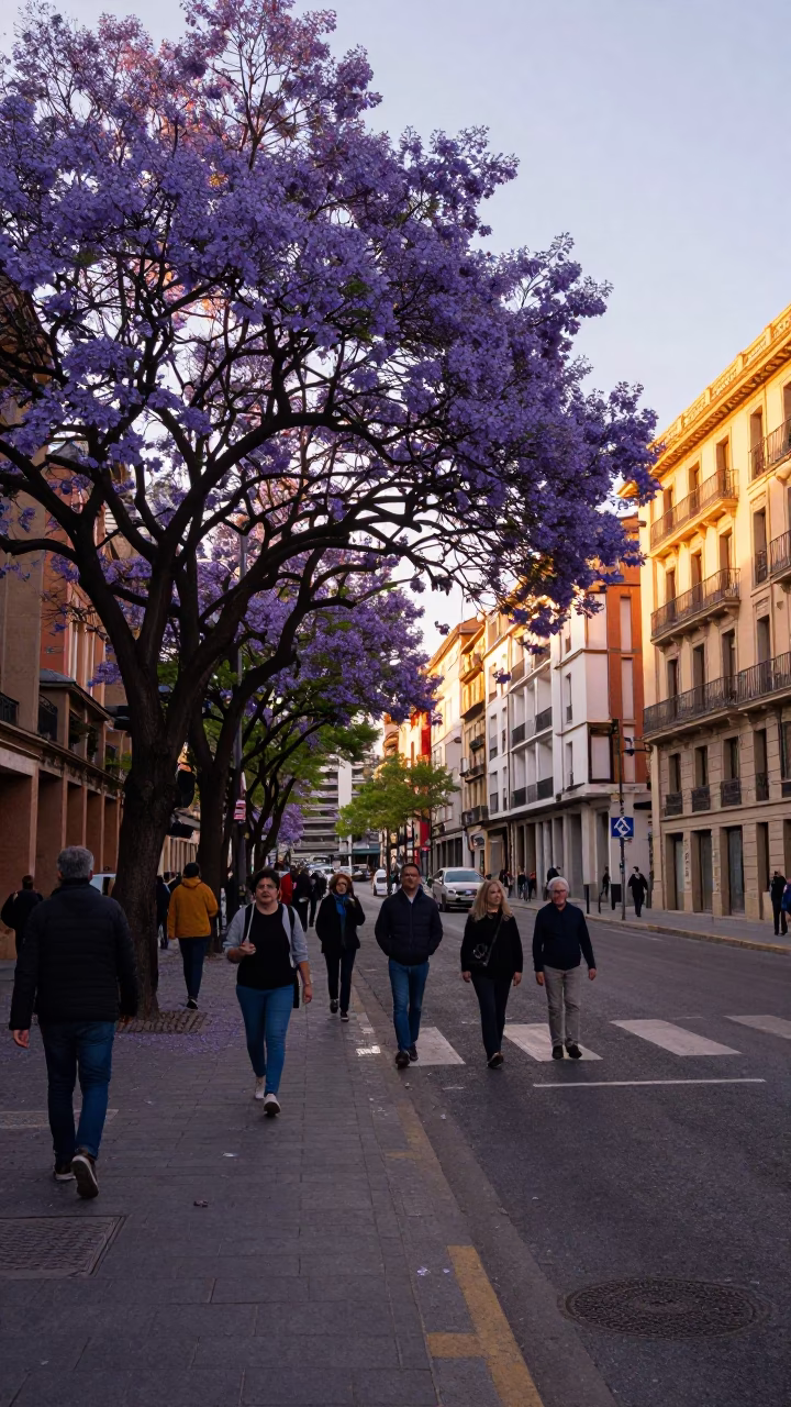 Bilbao Golden Hour Street Scene with Jacaranda Tree and Local Pedestrians in in Bilbao, Spain