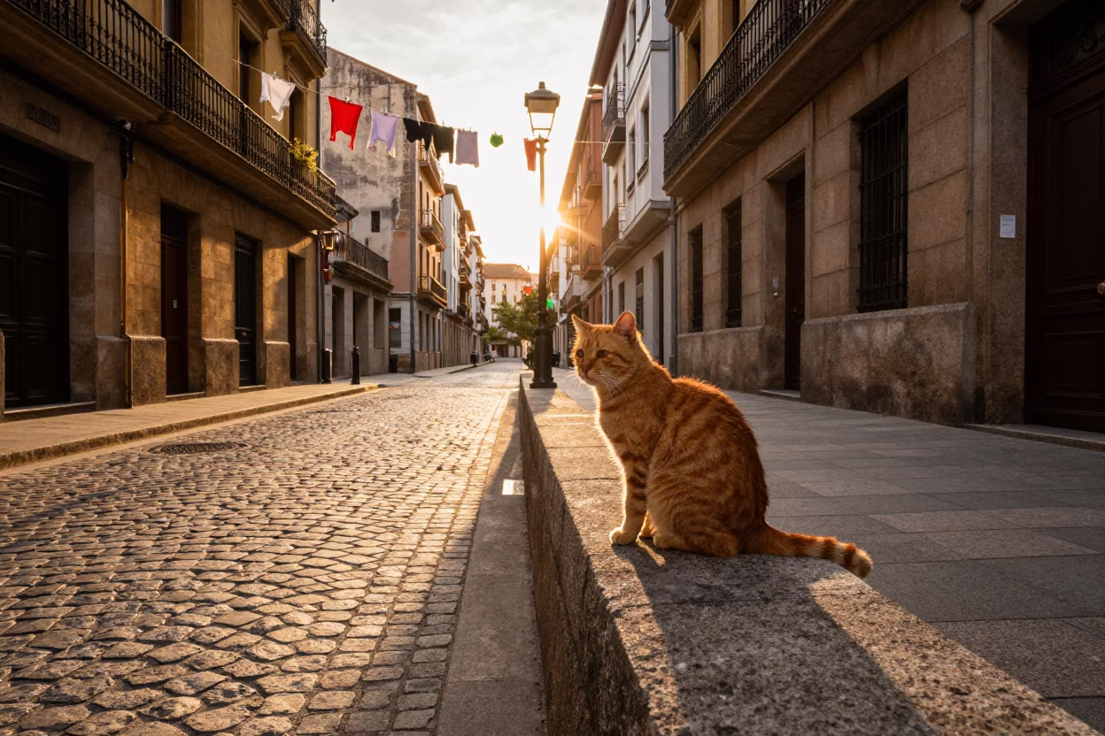 Bilbao Golden Hour Street Scene with Orange Cat and Clothesline in in Bilbao, Spain