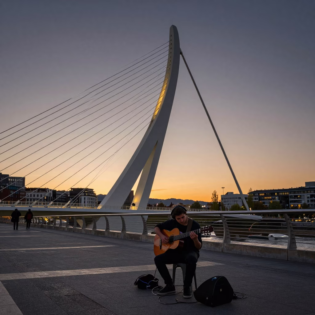 Bilbao Guggenheim Bridge Sunset Street Photography with Guitar and Harbor Lights in in Bilbao, Spain