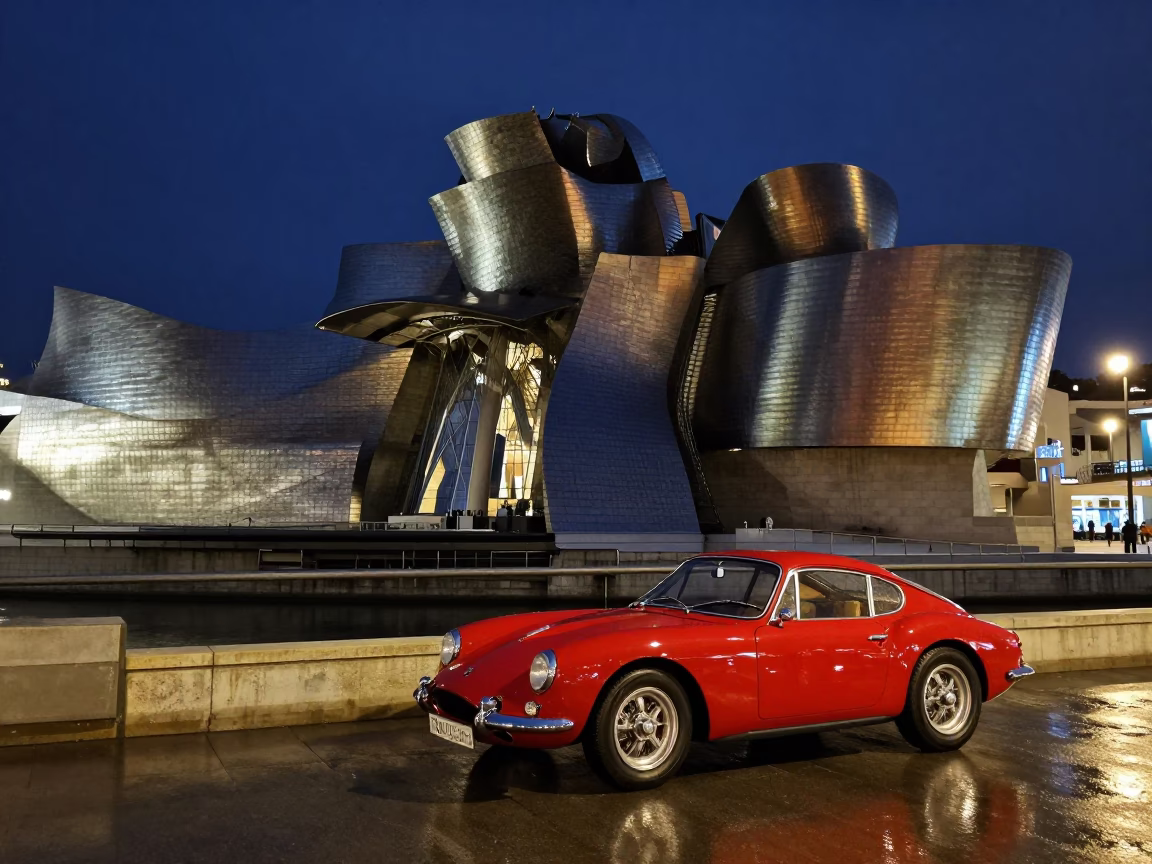 Bilbao Guggenheim Museum at Midnight with Vintage Red Sports Car and Rain in in Bilbao, Spain