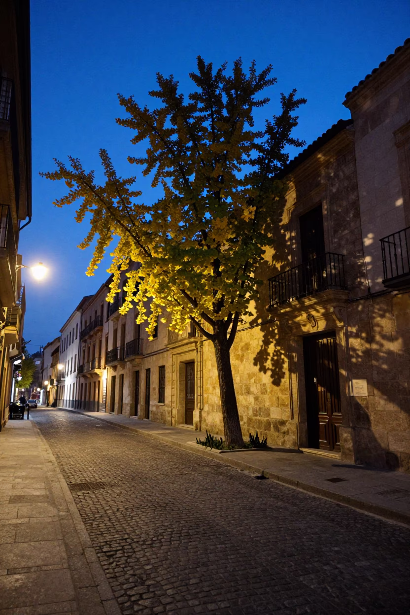 Bilbao Indigo Twilight Street Scene with Ginkgo Tree and Traditional Lantern in in Bilbao, Spain