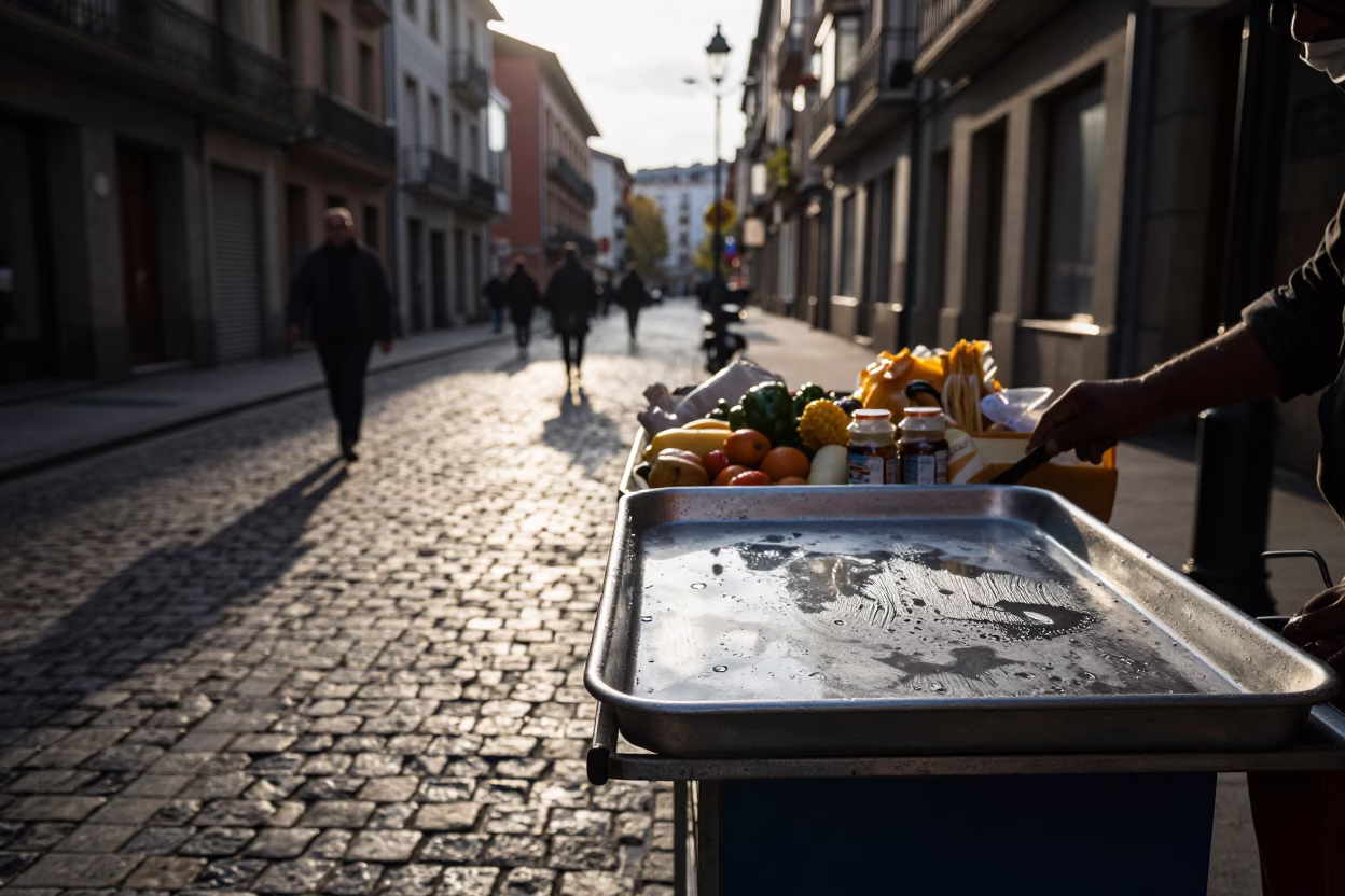 Bilbao Late Afternoon Street Scene with Condensation on Tray and Coiled Rope in in Bilbao, Spain
