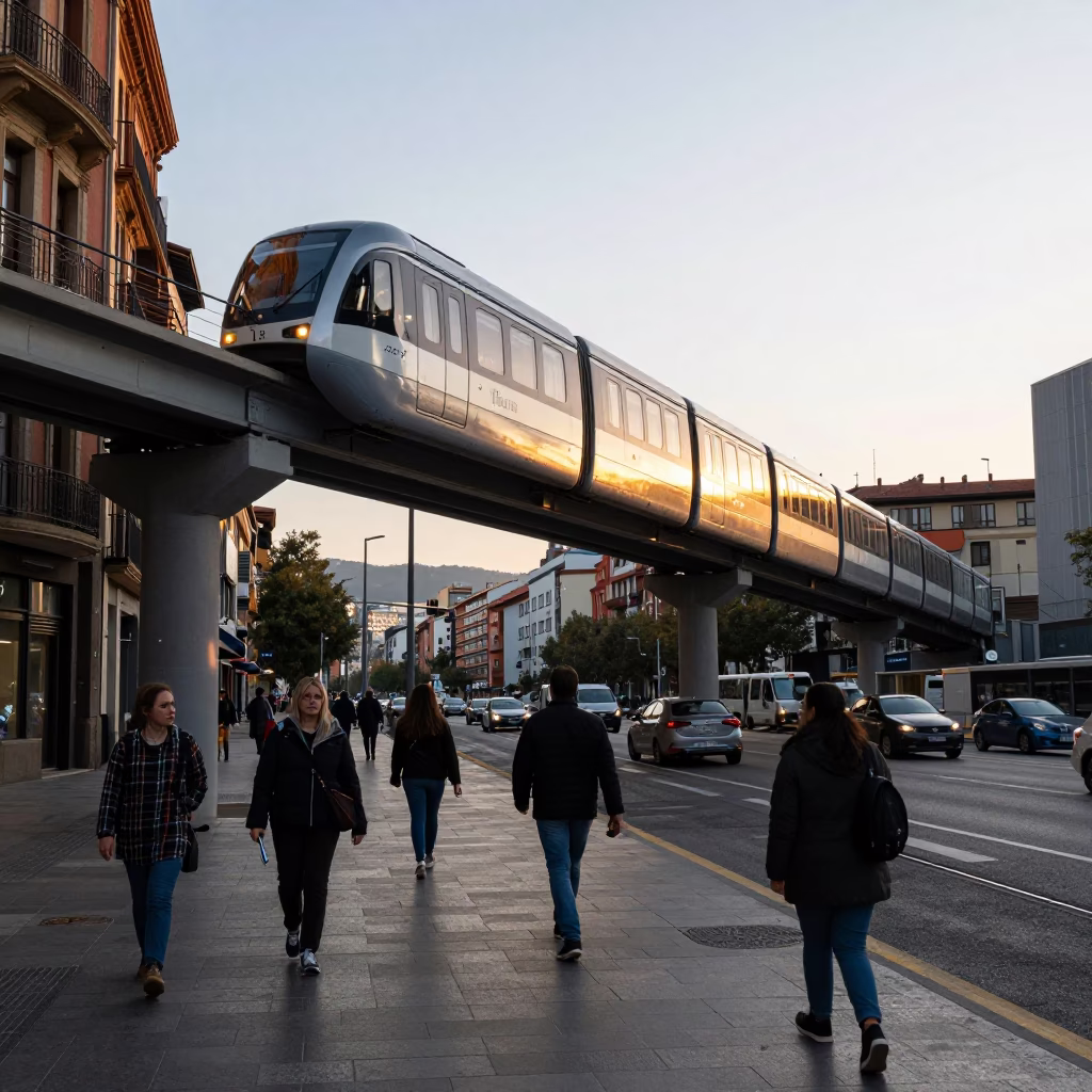 Bilbao Late Afternoon Street Scene With Monorail and Urban Architecture in in Bilbao, Spain