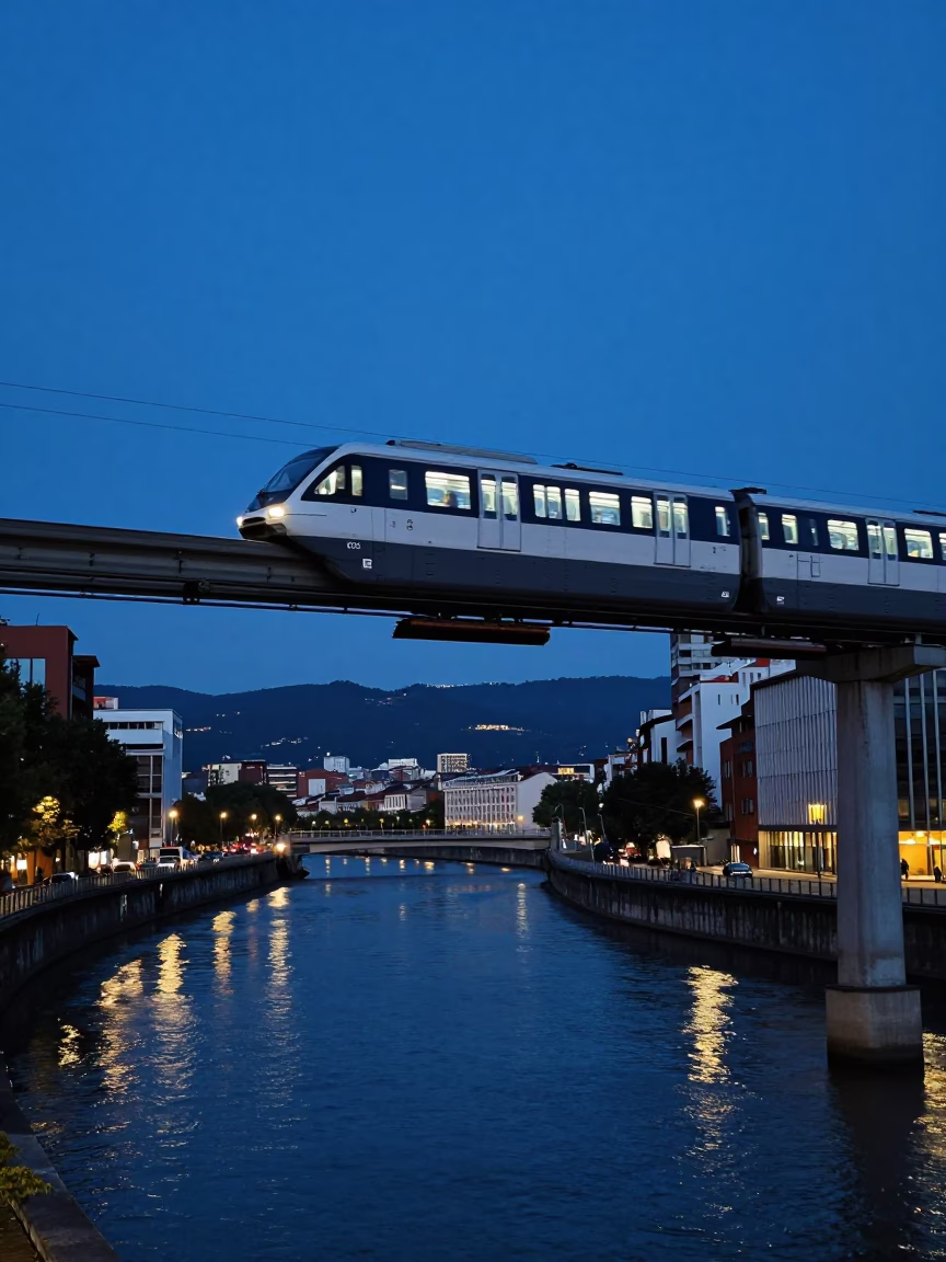 Bilbao Monorail Sweeping at The Still Hours Before Dawn Light in in Bilbao, Spain