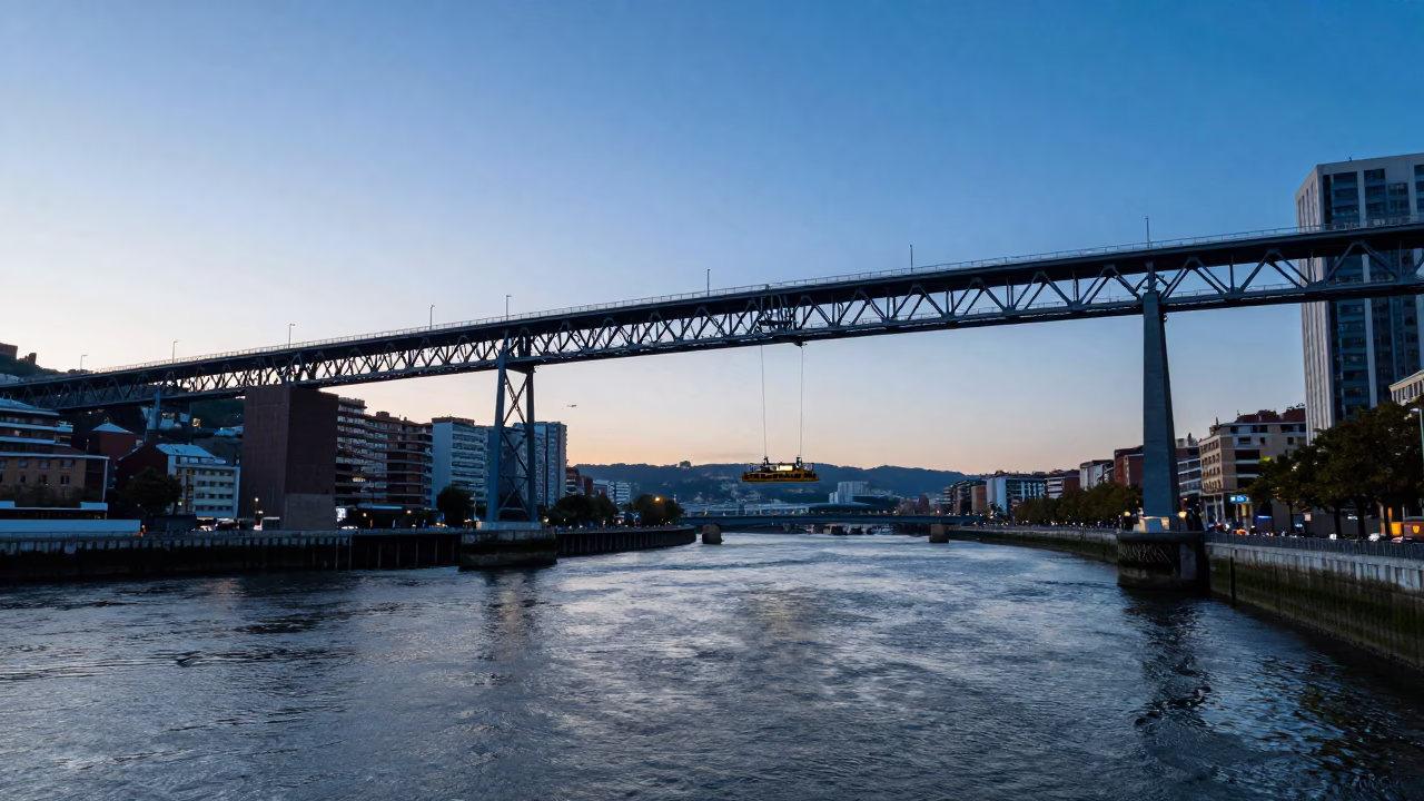 Bilbao Nautical Dawn Bridge Maintenance Cradle Over Nervion River in in Bilbao, Spain