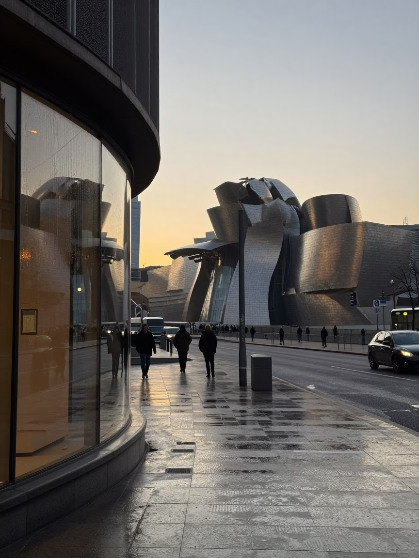 Bilbao Nautical Dawn Street Scene with Condensation and Urban Life in in Bilbao, Spain