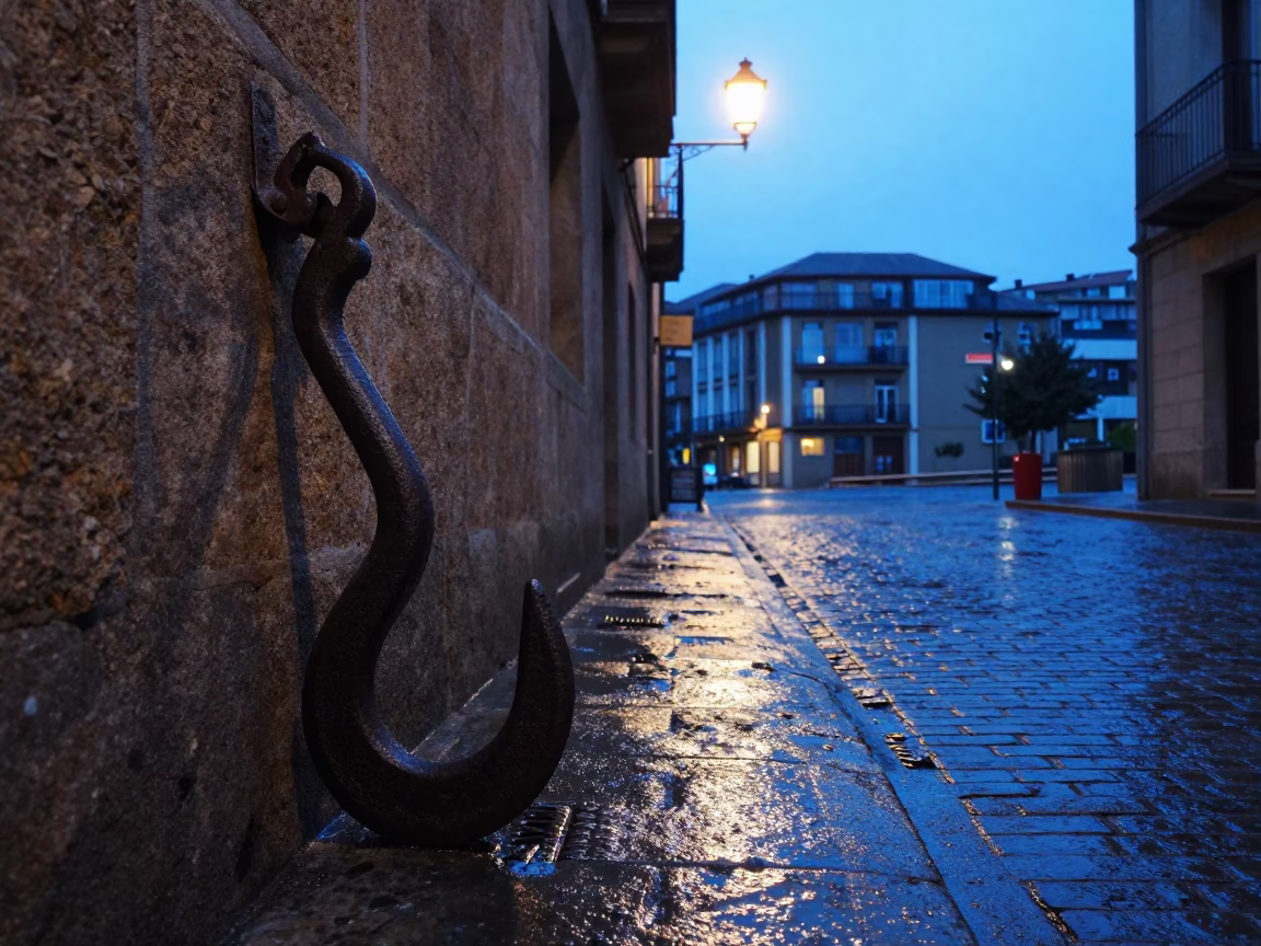 Bilbao Nautical Dawn Street Scene with Iron Hook and Hydrangeas in in Bilbao, Spain