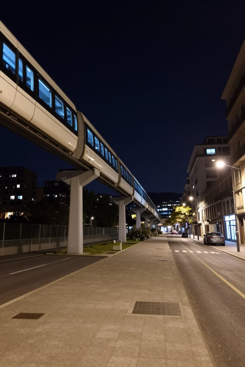 Bilbao Night Monorail and Street Scene Under Deep Sky in in Bilbao, Spain