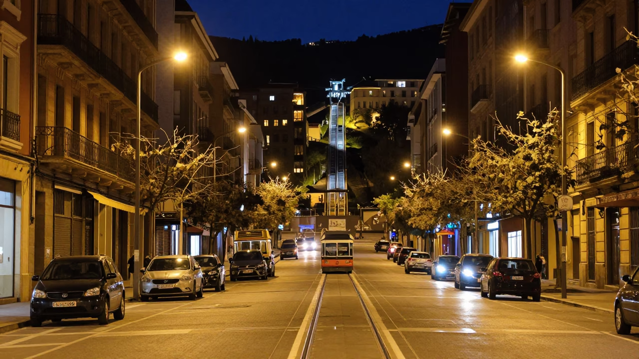 Bilbao Night Street Scene with Funicular and Urban Life in in Bilbao, Spain