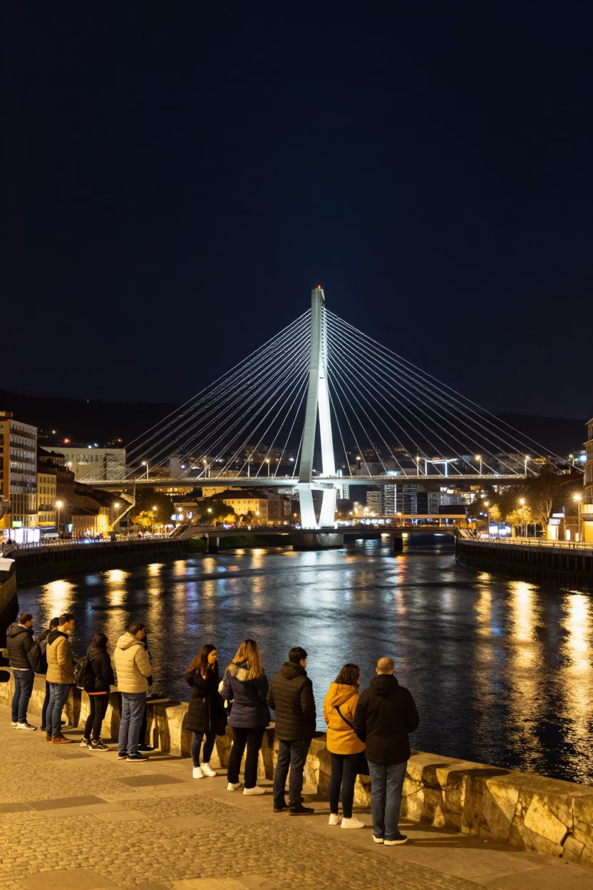 Bilbao Night Street Scene with Illuminated Zubizuri Bridge and Urban Life in in Bilbao, Spain