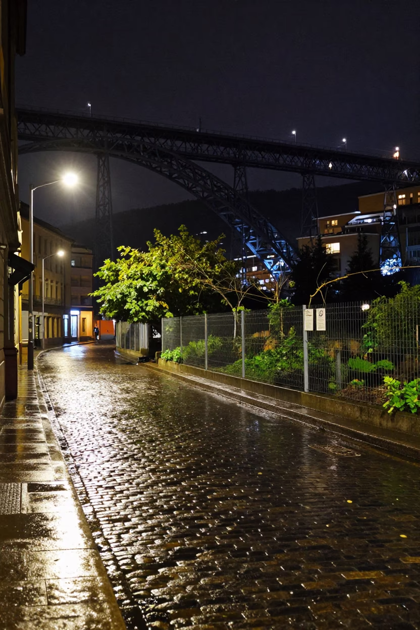 Bilbao Night Street Scene with Viaduct Shadow Over Allotment Gardens After Rain in in Bilbao, Spain