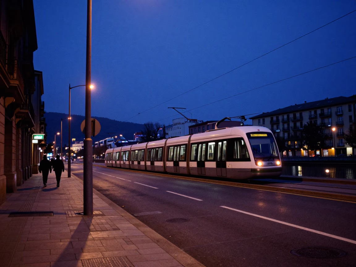 Bilbao Predawn Street Scene with Monorail and Local Morning Ritual in in Bilbao, Spain