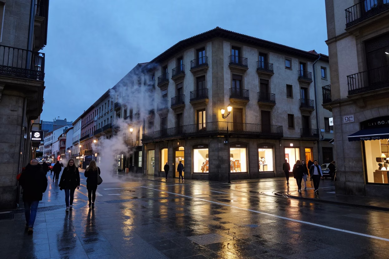 Bilbao Spain Blue Hour Street Scene with Steam and Local Life in in Bilbao, Spain