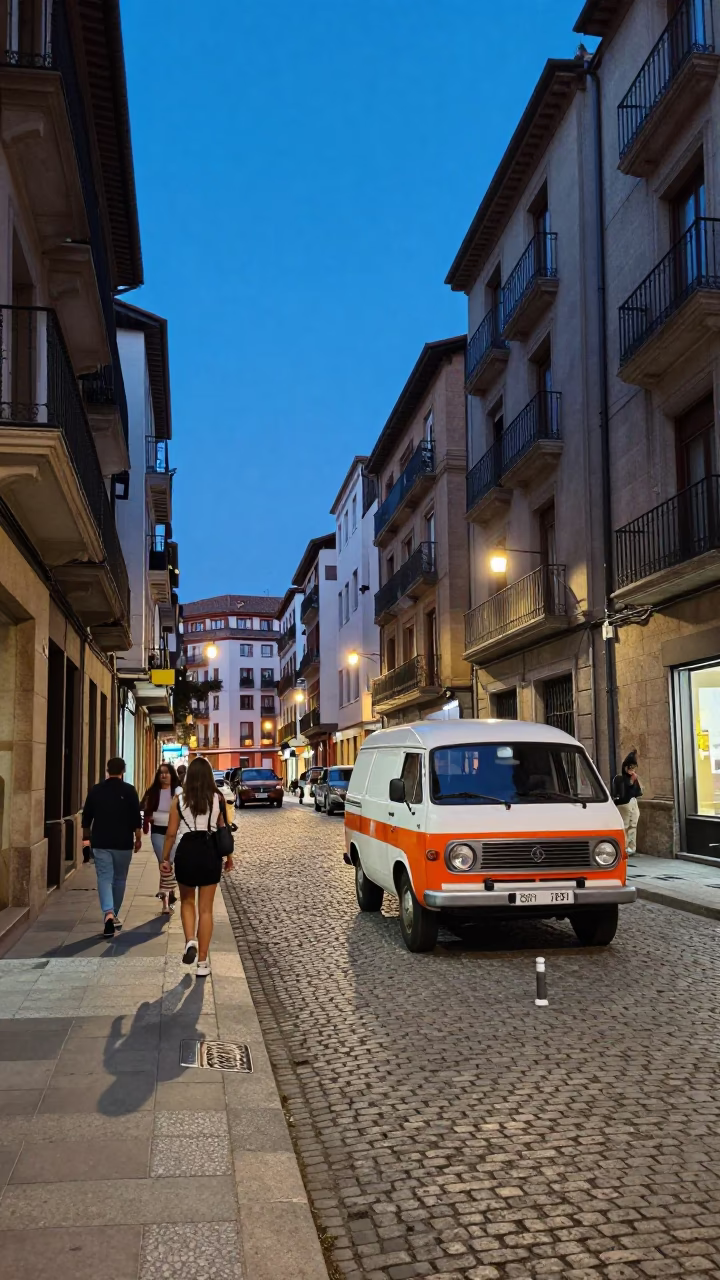 Bilbao Spain Blue Hour Street Scene with Vintage 1970s Aesthetic and Urban Activity in in Bilbao, Spain