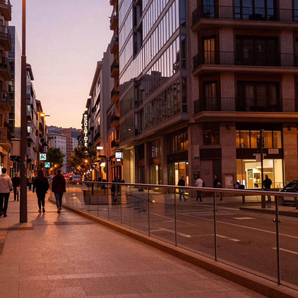 Bilbao Spain copper dusk light street scene with clear glass rail and brass accents in in Bilbao, Spain