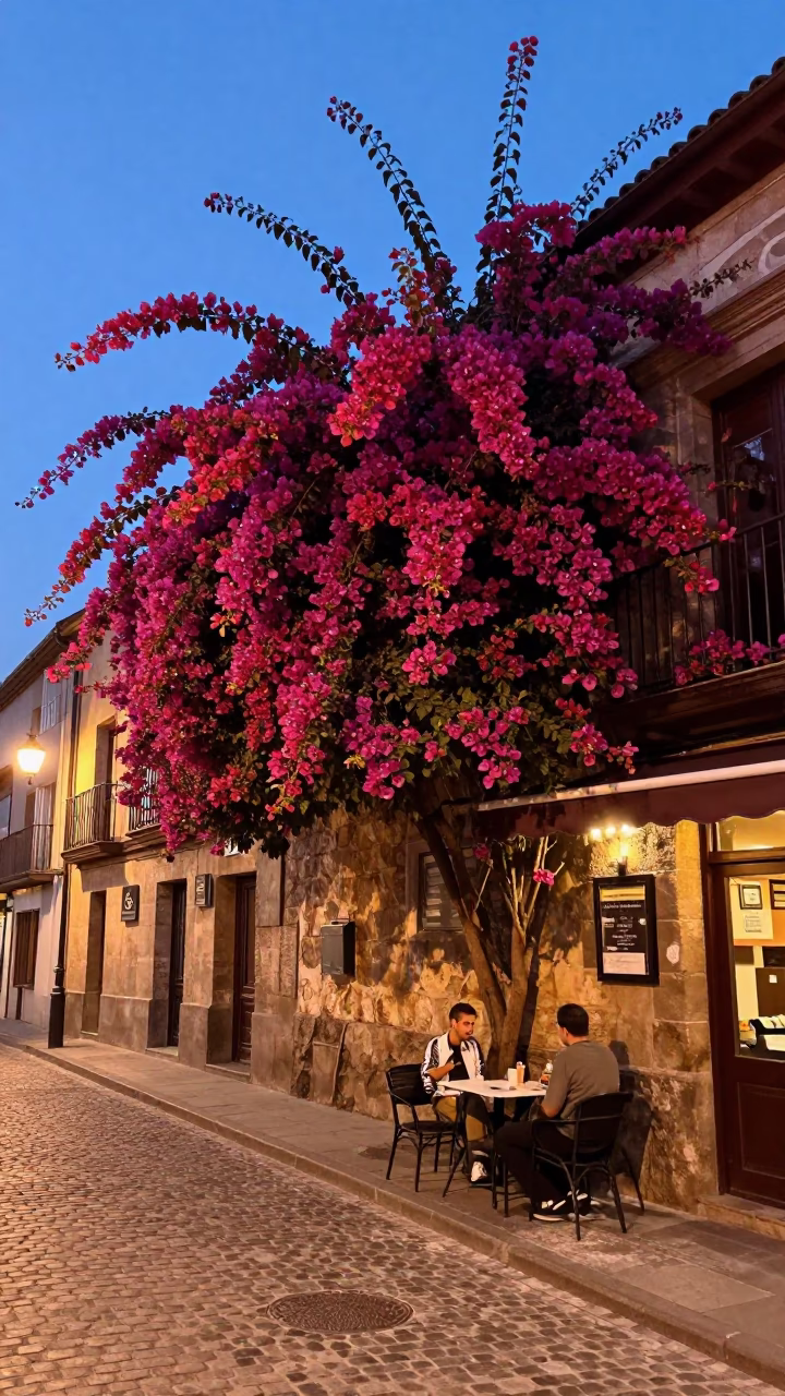 Bilbao Spain Copper Dusk Street Scene with Bougainvillea and Salt Shaker in in Bilbao, Spain