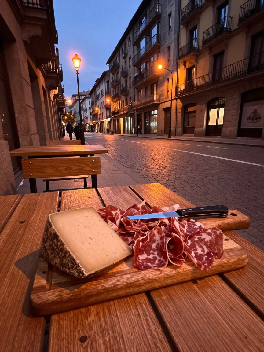 Bilbao Spain copper dusk street scene with charcuterie board and paring knife in in Bilbao, Spain