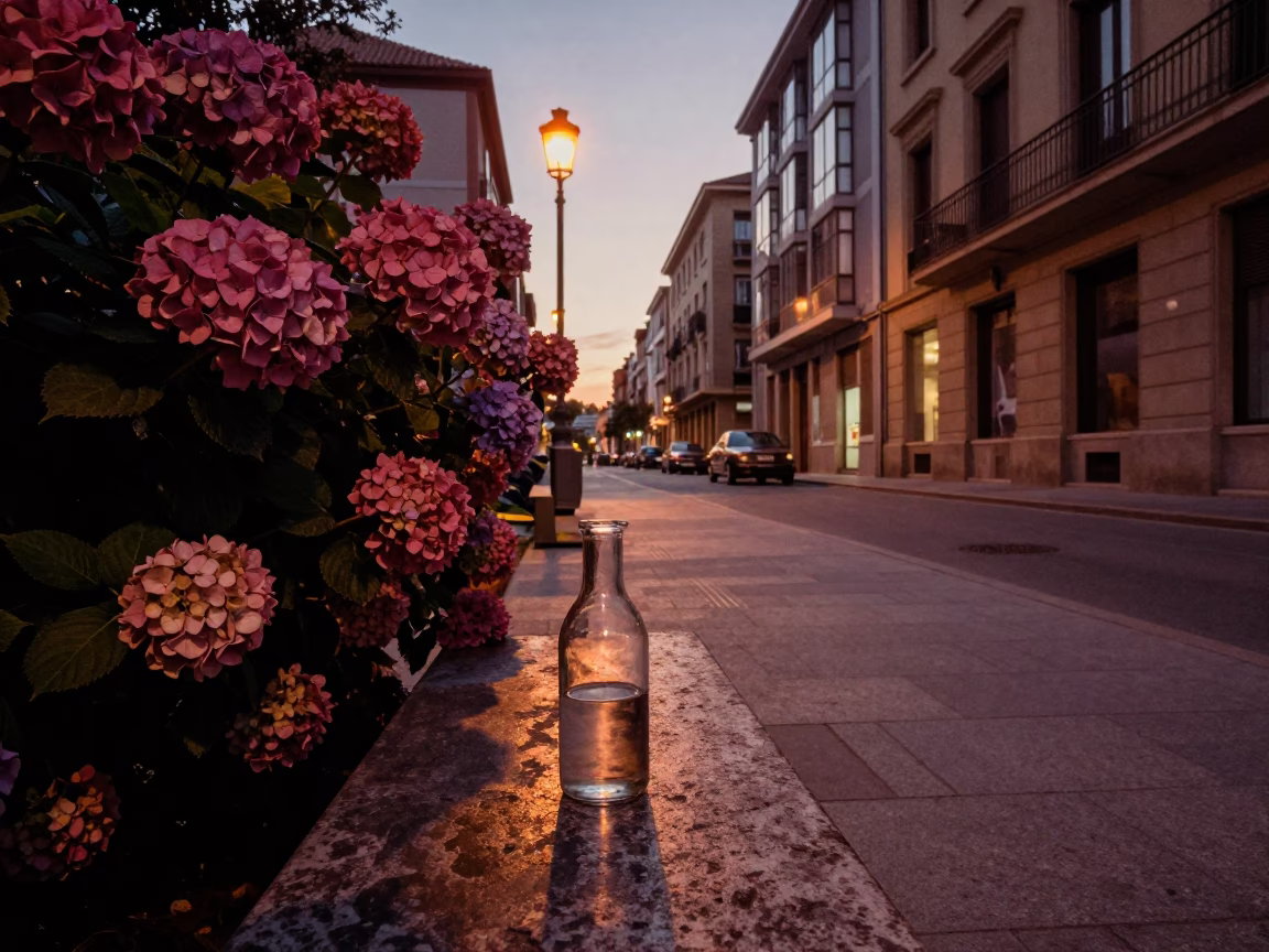 Bilbao Spain Copper Dusk Street Scene with Hydrangea Bush and Cafe Carafe in in Bilbao, Spain