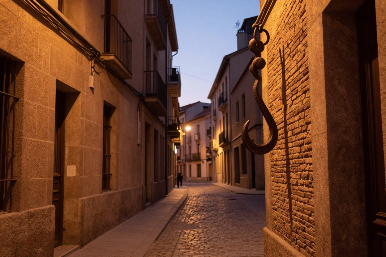 Bilbao Spain copper dusk street scene with iron hook and porcelain jar details in in Bilbao, Spain